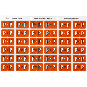 Avery 43316 label side tab 'P' colour code 25 x 38mm dark orange pack 180 #A43316