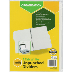 Marbig dividers unpunched A4 5 tab white #M37305