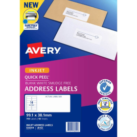 Avery 936044 J8163 inkjet white address labels 14 per sheet 99.1 x 38.1mm pack 50 sheets #AJ8163
