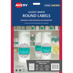 Avery 980001 L7105 laser glossy white round labels 12 per sheet 60mm diameter pack 10 sheets #AL7105