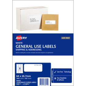 Avery 938211 L7158GU general use white labels 30 per sheet 64 x 26.7mm box 100 sheets #AL7158GU