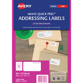 Avery 959029 L7159 laser white address labels 24 per sheet 64 x 33.8mm box 100 sheets #AL7159