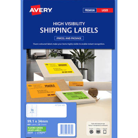 Avery 35932 L7162 laser fluro green address labels 16 per sheet 99.1 x 34mm pack 25 sheets #AL7162FG
