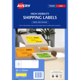 Avery 35942 L7162 laser fluro yellow address labels 16 per sheet 99.1 x 34mm pack 25 sheets #AL7162FY