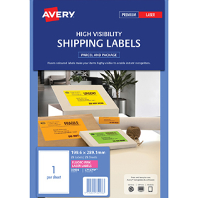 Avery 35998 L7167 laser fluro pink shipping labels 1 per sheet 199.6 x 289.1mm pack 25 sheets #AL7167FLP