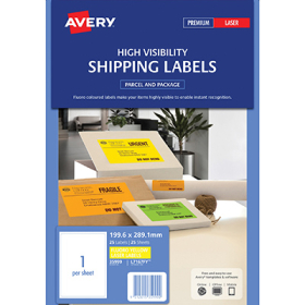Avery 35999 L7167 laser fluro yellow shipping labels 1 per sheet 199.6 x 289.1mm pack 25 sheets #AL7167FLY