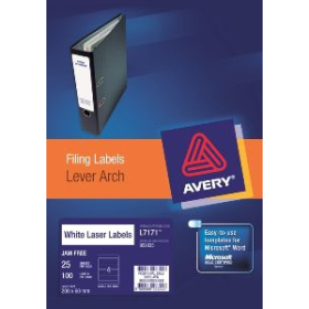 Avery 959035 L7171 laser white lever arch labels 4 per sheet 200 x 60mm pack 25 sheets #AL7171