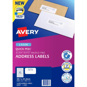 Avery 959071 L7651 laser white mini address labels 65 per sheet 38.1 x 21.2mm box 100 sheets #AL7651