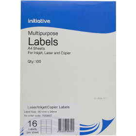 Initiative multipurpose labels 16 per sheet 99.1 X 34mm box 100 sheets #I16