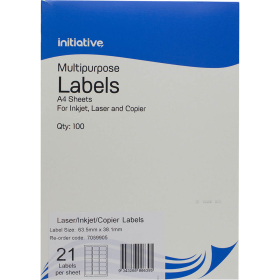 Initiative multipurpose labels 21 per sheet 63.5 x 38.1mm box 100 sheets #I21