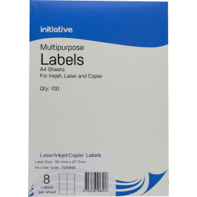 Initiative multipurpose labels 8 per sheet 99.1 x 67.7mm box 100 sheets #I08