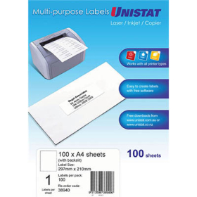 Unistat 38940 multipurpose label 1 per sheet backslit 297 x 210mm box 100 #U01