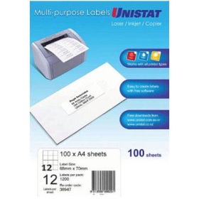 Unistat 38947 multipurpose label 12 per sheet 68x70mm box 100 sheets #U12