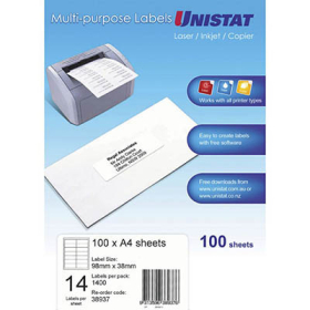 Unistat 38937 multipurpose label 14 per aheet 98x38mm box 100 sheets #U14