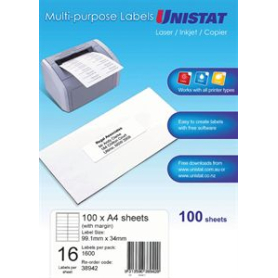Unistat 38942 multipurpose label 16 per sheet 99x34mm box 100 sheets #U16