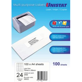 Unistat 38933 multipurpose labels 24 per sheet 70 x 36mm box 100 sheets #U24