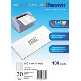 Unistat 38935 multipurpose label 30 per sheet 64x25.4mm box 100 sheets #U30