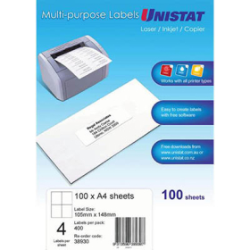 Unistat 38930 multipurpose label 4 per sheet 105x148mm box 100 sheets #UL4