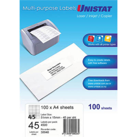 Unistat 38948 multipurpose label 45 per sheet 51x15mm box 100 sheets #UL45