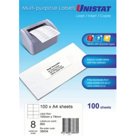 Unistat 38934 multipurpose label 8 per sheet 105x74mm box 100 sheets #UL8